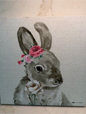 Floral Bunny Canvas Wall Art - Gray Rabbit with Pink Roses